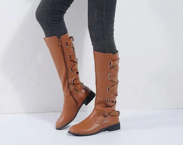 COVOYYAR/зимние сапоги на платформе; женские сапоги до колена; обувь на флисе с перекрестной шнуровкой; женская обувь на низком каблуке с боковой молнией; Цвет Черный; WBS2024