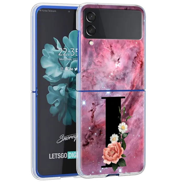 Letter A B Flowers Pink Case For Samsung Galaxy Z Flip 3 5G Transparent Hard Cell Phone Cover ZFlip3 Clear PC Luxury Fundas H09