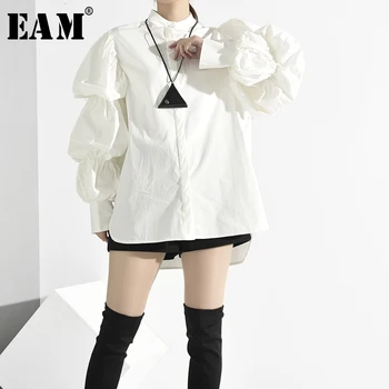 

[EAM] Women White Brief Three-dimensional Blouse New Lapel Long Puff Sleeve Loose Fit Shirt Fashion Spring Autumn 2020 1K36601