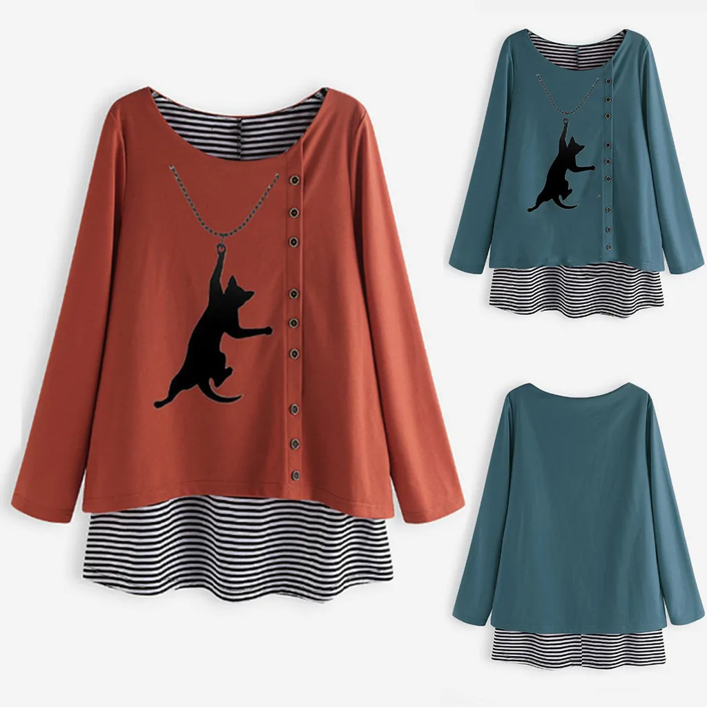 Blouse Women New Autumn and Winter Patchwork Cartoon Print Round Neck Long-Sleeved Large Size Casual Blouse