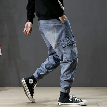 

Fashion Streetwear Men Jeans Loose Fit Big Pocket Cargo Pants Hombre Harem Jeans Blue Color Designer Elastic Hip Hop Jeans Men