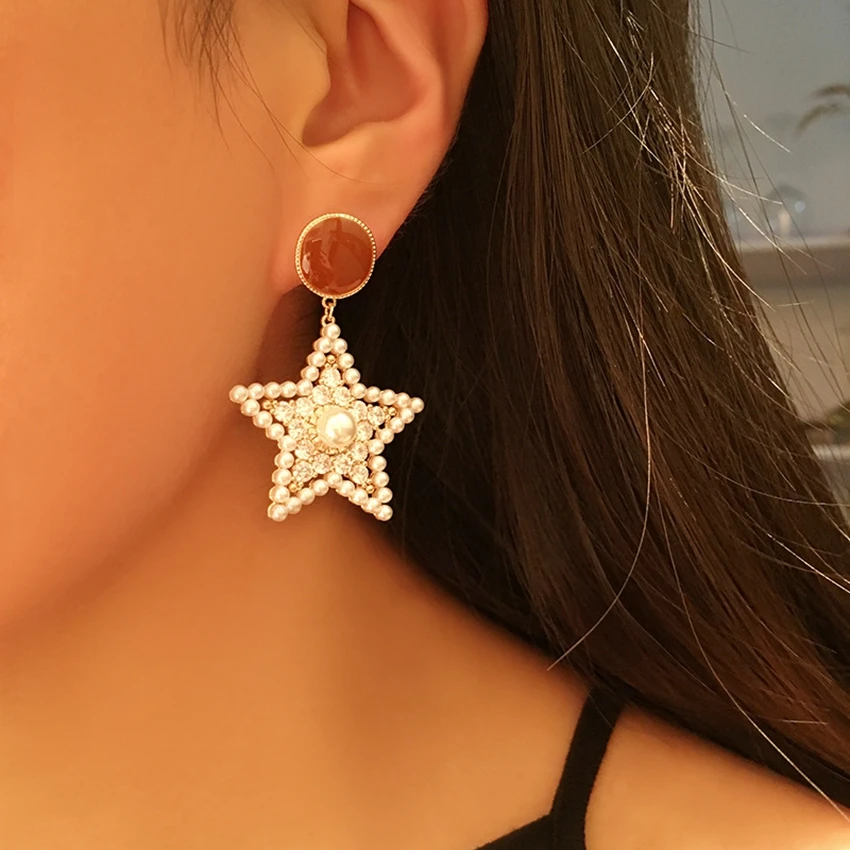 

Big Five Star Dangle Drop Earrings for Women Pearl Zircon Gold Color Fashion Luxury Jewelry Earings