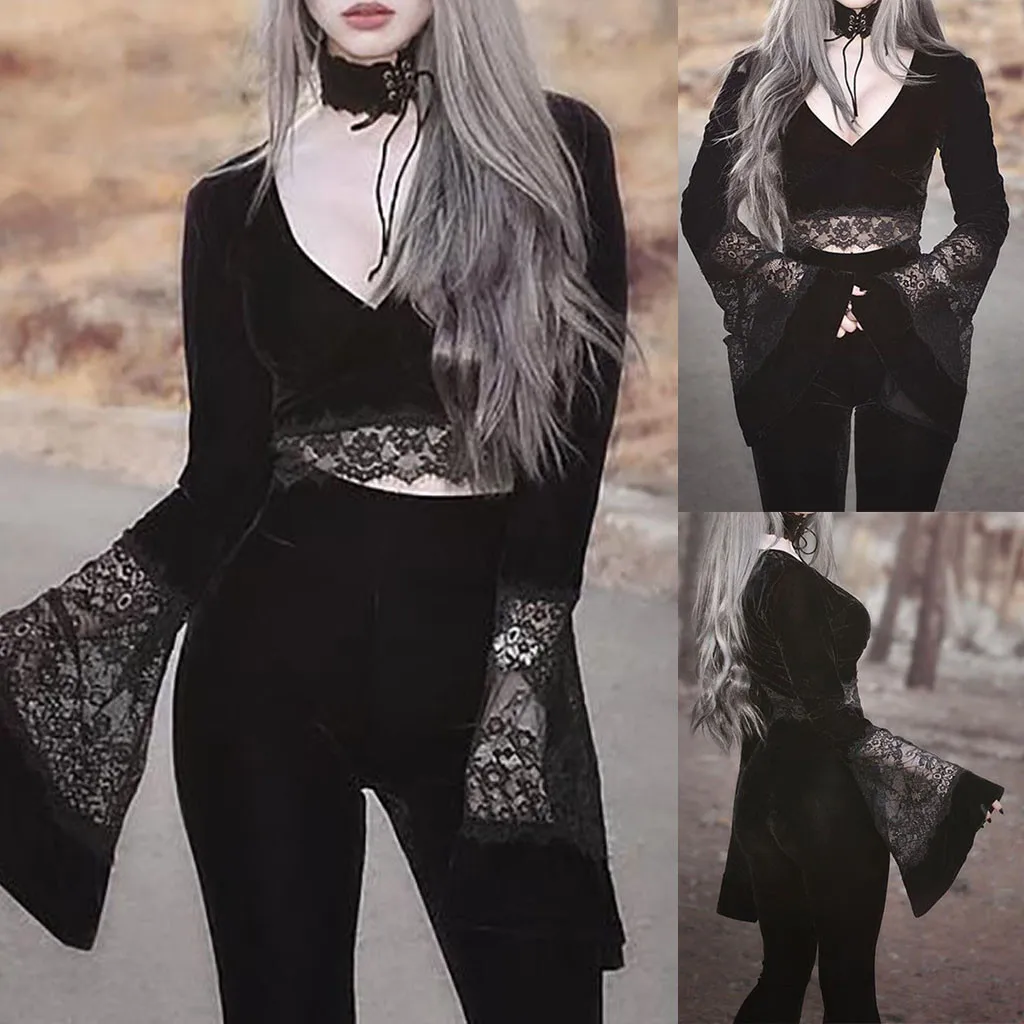 H25 Harajuku Black Blosue женский Готический кружевной лоскутный v-образный вырез с расклешенными рукавами женские топы и блузки женские модные блузки blusas