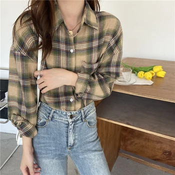 

New Arrival Women Vintage Plaid Oversized Blouse Batwing Sleeve Turn Down Collar Green Khaki Shirt Button Up Casual Tops T04005F