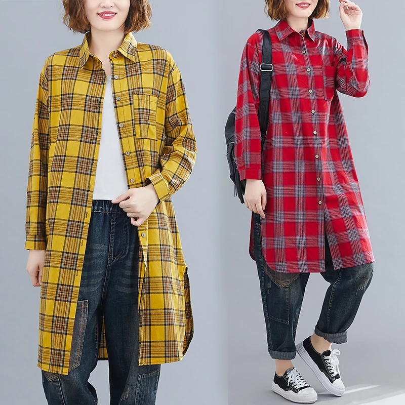  2019 New Autumn Women Shirts Full Sleeve Loose Plaid In A Long Trench Blouse Shirt Red Green Yellow