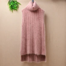 Женская мода Тонкий полосатый кашемировая Водолазка пуловер Ангорский кролик мех вязаный свитер без рукавов жилет