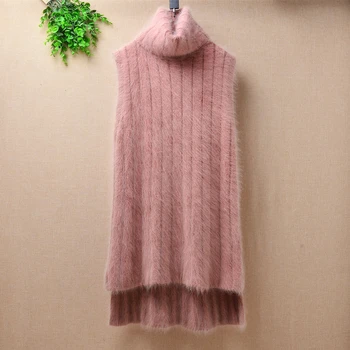 

Female women fashion slim stripes mink cashmere turtleneck pullover angora rabbit fur knitted sweater sleeveless vest bolouses