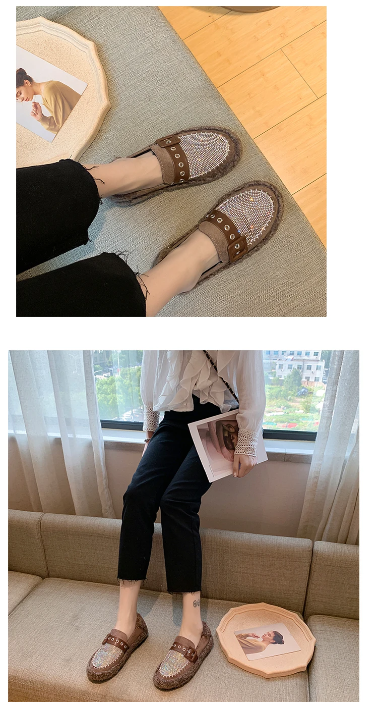 Korean Shoes Women All-Match Casual Female Sneakers Women's Moccasins Round Toe Autumn Loafers Fur Flats Crystal New Fall