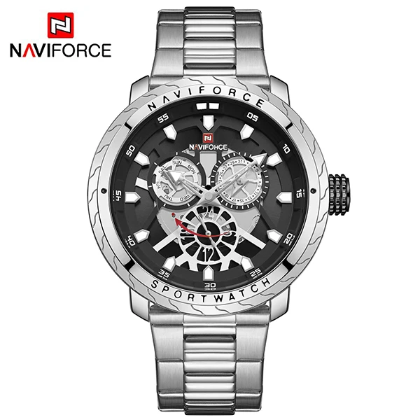 Silver Black NAVIFORCE Топ Роскошные брендовые Новые Модные Качественные военные спортивные мужские часы из нержавеющей стали Кварцевые водонепроницаемые наручные часы с календарем - Цвет: Silver Black