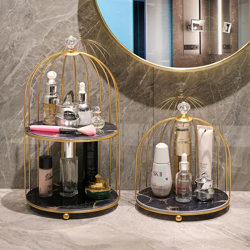 

New Metal Frame Marble Glass Bottom Bathroom Holder Plate Wash Countertop Lipstick Cosmetic Bird Cage Storage Rack Accessories