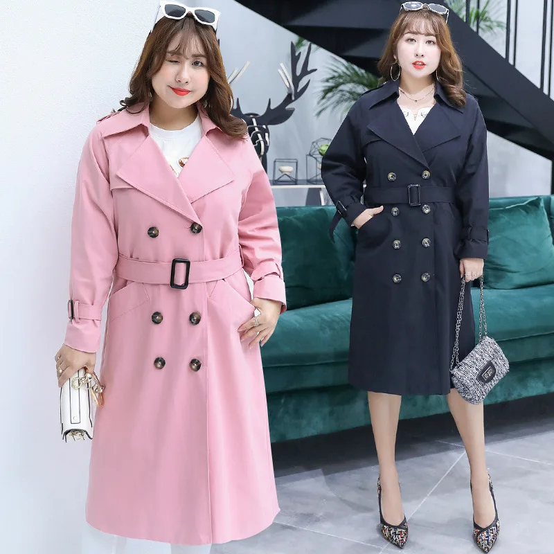 

Plus Size England Style Women LongTrench Coat Spring 2018 Loose Turn-down Collar European Windbreaker Sashes Ladies Overcoat