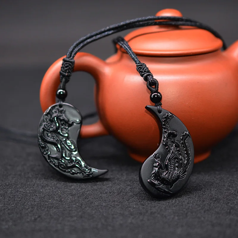 1 комплект резьба по обсидиану дракон и ожерелье с Фениксом кулон Инь кулон Цепочки и ожерелья обсидиан счастливые подвески