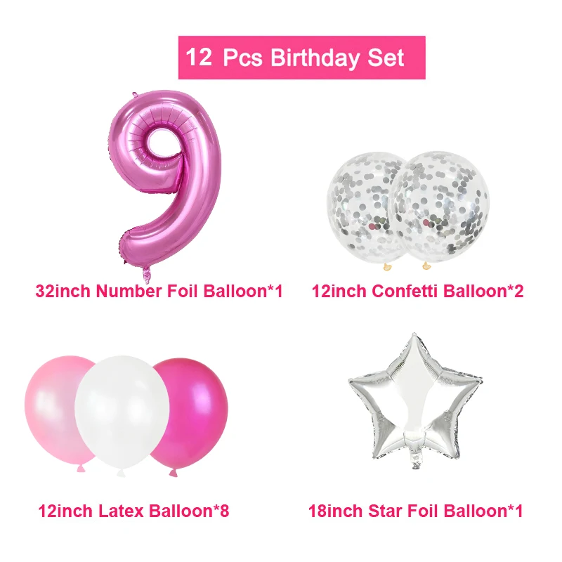 12pcs Pink Number Foil Balloon Birthday Party Decoration Latex Balloons Kids Baby Girl 1 2 3 4 5 6 7 8 9 Years Old 1st Birthday