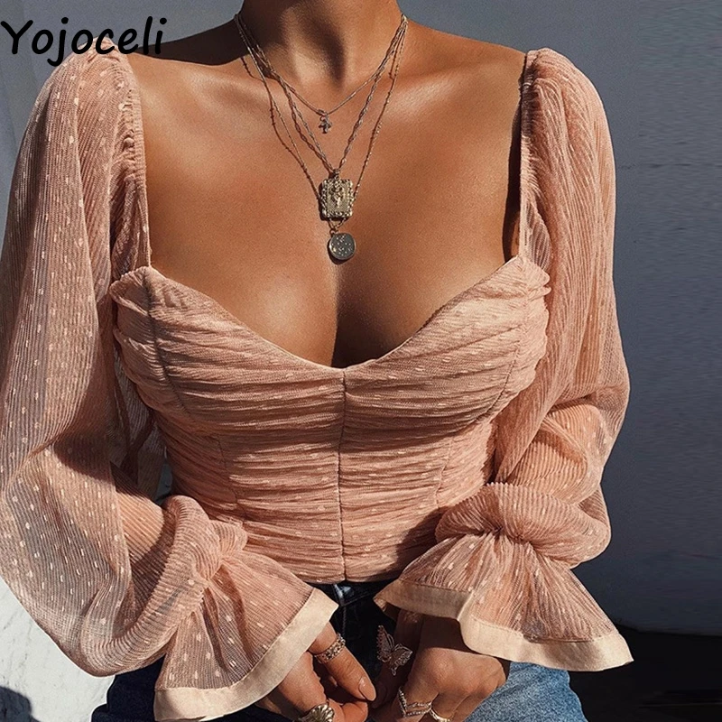 Сексуальная плиссированная сетчатая блузка Yojoceli в горошек с оборками женская