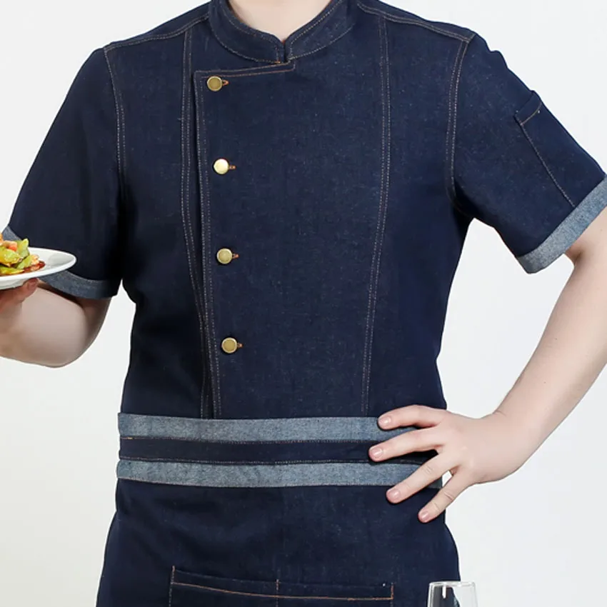 Мужская куртка шеф-повара с фартуком, форменная одежда для приготовления пищи, джинсовые хлопковые топы с короткими и длинными рукавами, водостойкая рубашка, комплект одежды