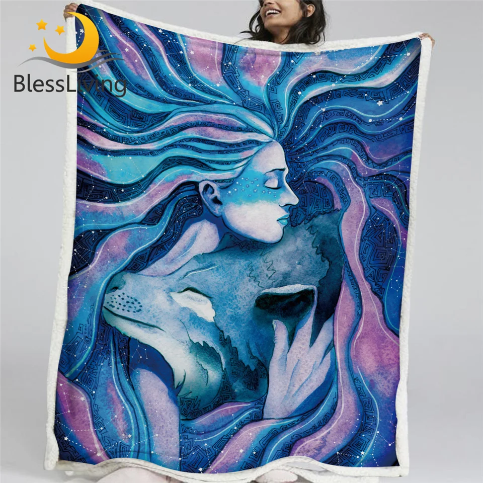 

BlessLiving Wolf Sherpa Fleece Blanket Watercolor Linen Blanket Pastel Blue Animal Plush Blanket Girl Hugging Wolf Bedspreads