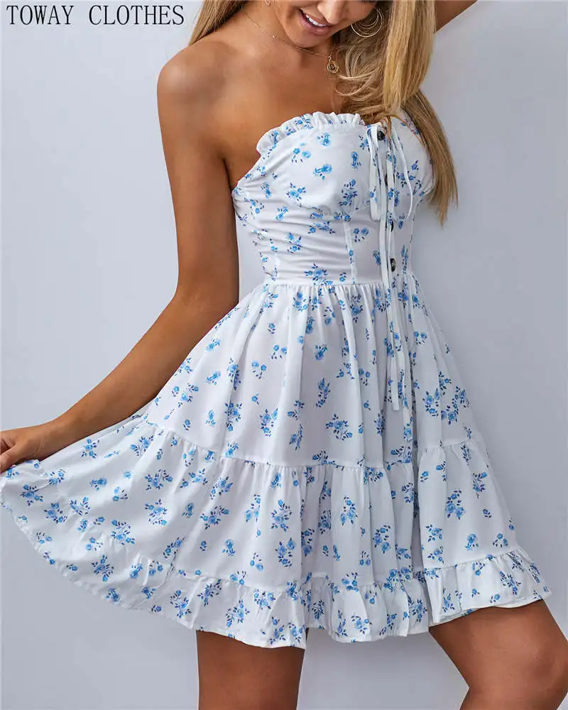 Floral print bandeau frill hem dress Clearance