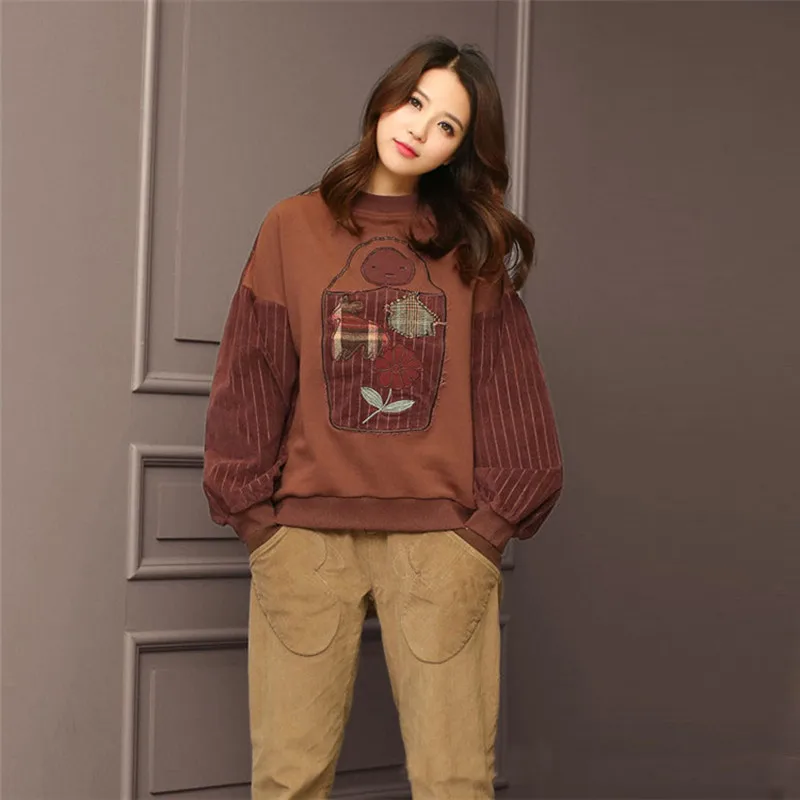 

Johnature 2019 Winter Thick Warm Embroidery Vintage Casual Loose Pullover Women Hoodies New Patchwork Striped Sweatshirts