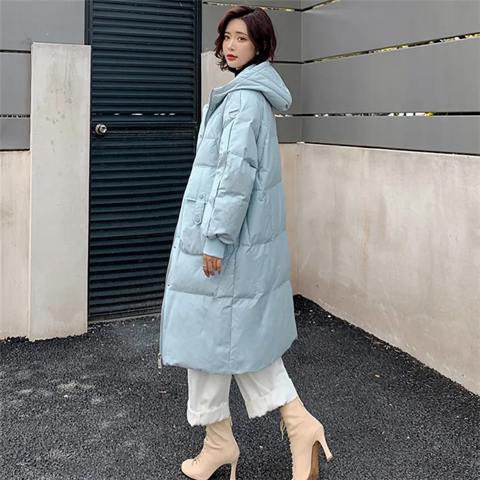 Пуховик зимнее женское пальто длинное выше колена с капюшоном модная теплая верхняя одежда однотонное белое пуховое пальто JIU150