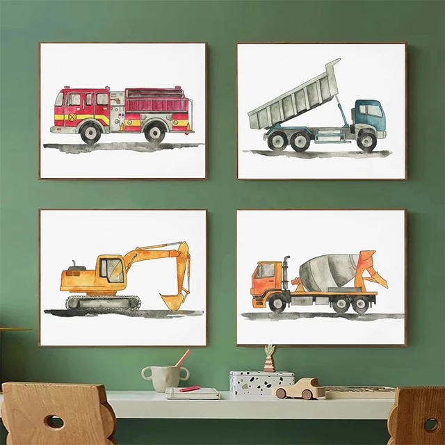 Arte de parede em tela de caminhão de desenho animado aquarela