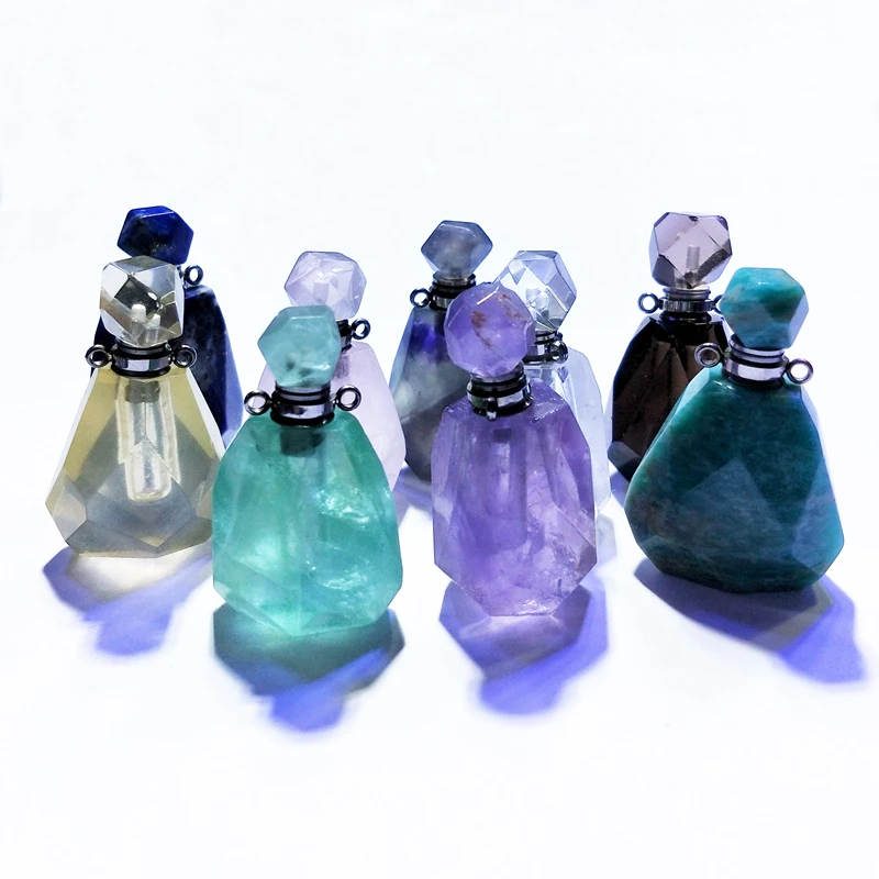 

natural gems stone rose quartzs Diffuser Perfume Bottle Pendants stainless steel amazon stone jewelry charm for necklace making