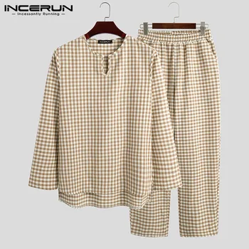 

Men Plaid Pajamas Sets Long Sleeve V Neck Blouse Casual Long Pants Comfortable Loose Homewear Unisex Sleepwear Siuts INCERUN 5XL