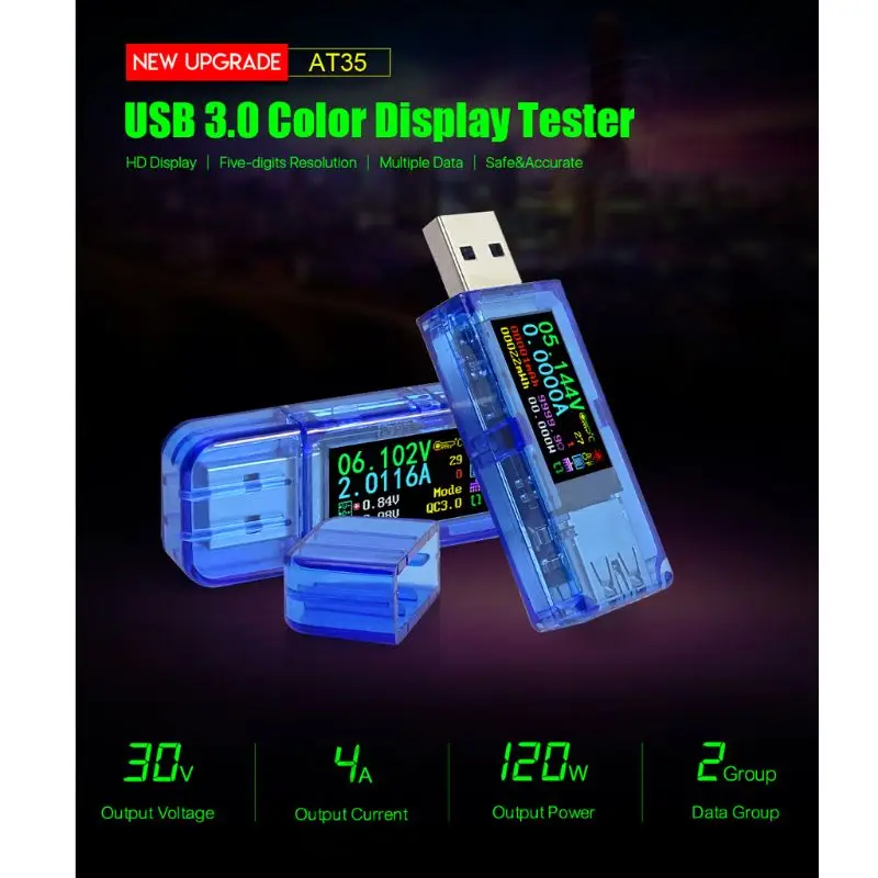 Прямая поставка AT35 USB 3,0 ЖК-мультиметр Вольтметр Амперметр измеритель тока банк питания Тестер