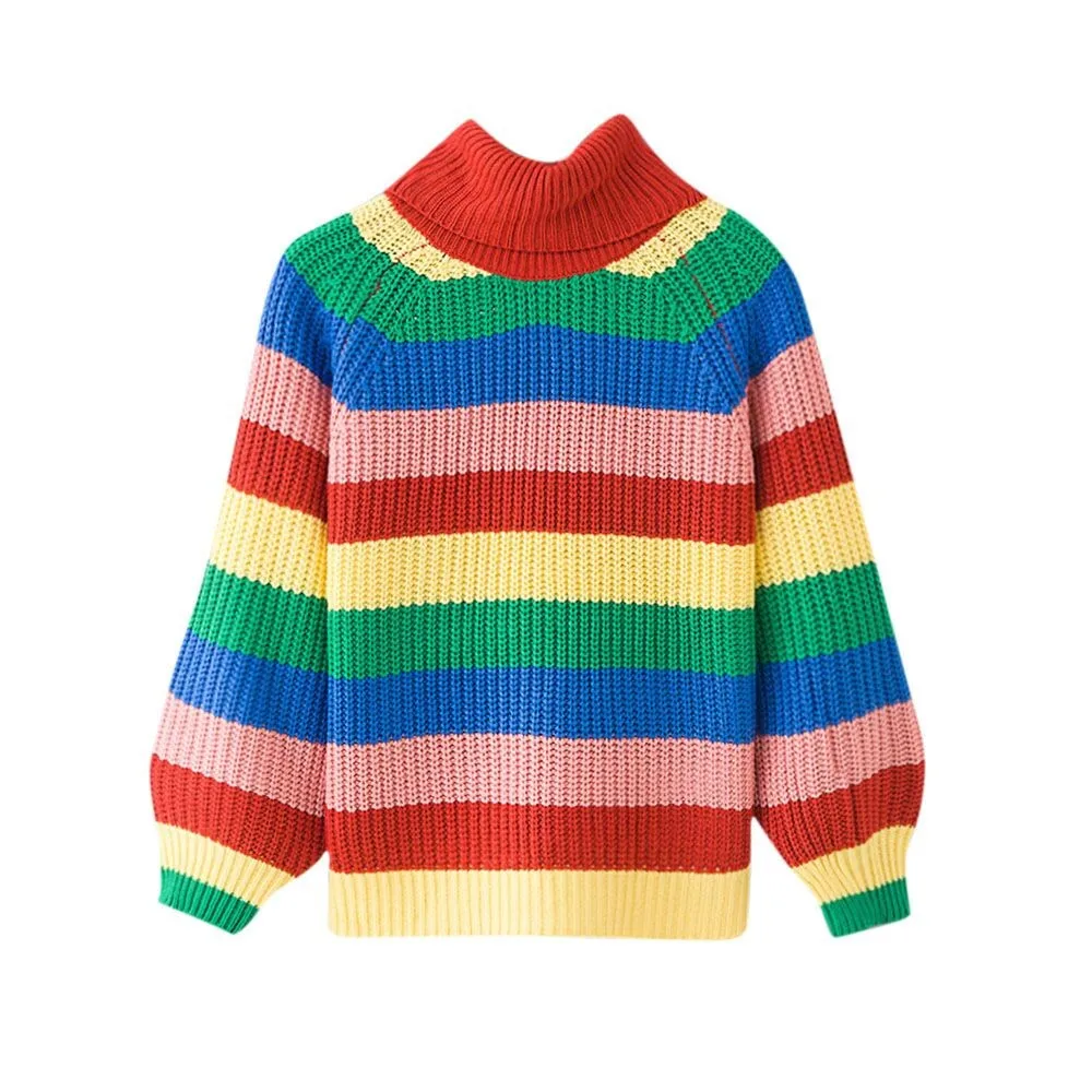 

Jaycosin Fashion Casual Lady Long Sleeve Loose Multicolor Stripe Turtleneck Knitted Sweater Stylish Comfortable Elegant Fit Top