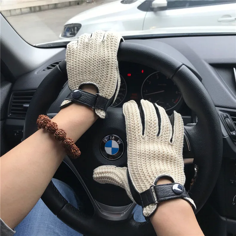 Man's Deerskin Gloves Locomotive Driving Retro Knitted+ Leather thin Slim Hand Genuine Leather Gloves For Female Male AM032A