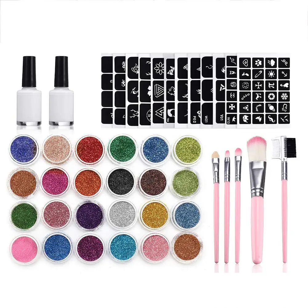 24 Color 125 Templates 2 Glue 5 Brush Flash Diamond Glitter Flash Powder For Temporary Tattoo Kids Face Body Painting Art Tools 24 Color 125 Templates 2 Glue 5 Brush Flash Diamond Glitter Flash Powder For Temporary Tattoo Kids Face Body Painting Art Tools