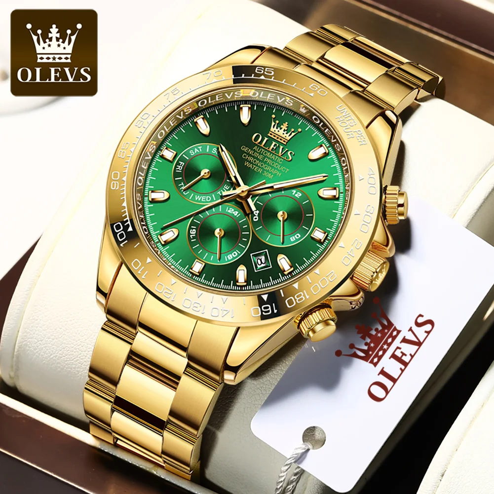 OLEVS Gold Stainless Steel Watches for Men Automatic Chronograph - Gold  Bezel & Waterproof & Luminous & Date