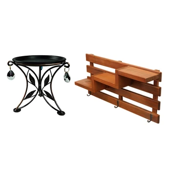 

Solid Wood Wooden Wall Mounted Vintage Retro Rack 3 Hanger Hooks & Mini Countertop Plant Stand Metal Potted Plant