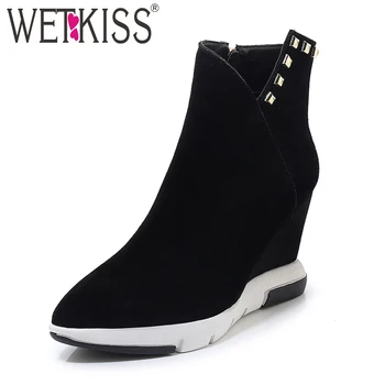 

WETKISS Cow Suede Ankle Boots Women Fashion Casual Booties Wedges High Heels Rivet Shoes Female Round Toe Platform Shoes Ladies