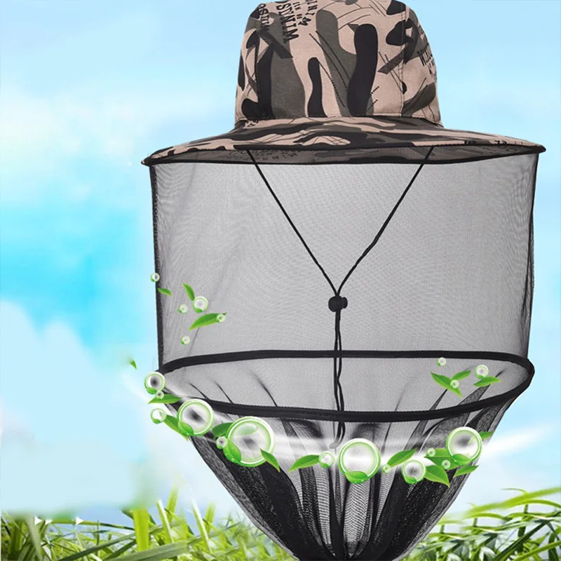 

Outdoor Camouflage Fishing Hat Bee Keeping Insects Mosquito Net Prevention Cap Mesh Fishing Cap Outdoor Sunshade Lone Neck Head