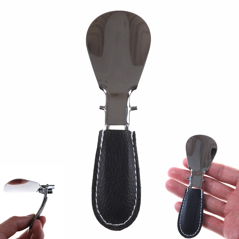 1PC Useful Durable Shoehorn Stainless Steel Foldable PU Leather Handle Easy to Carry For Men Women Shoes 12*3.5cm