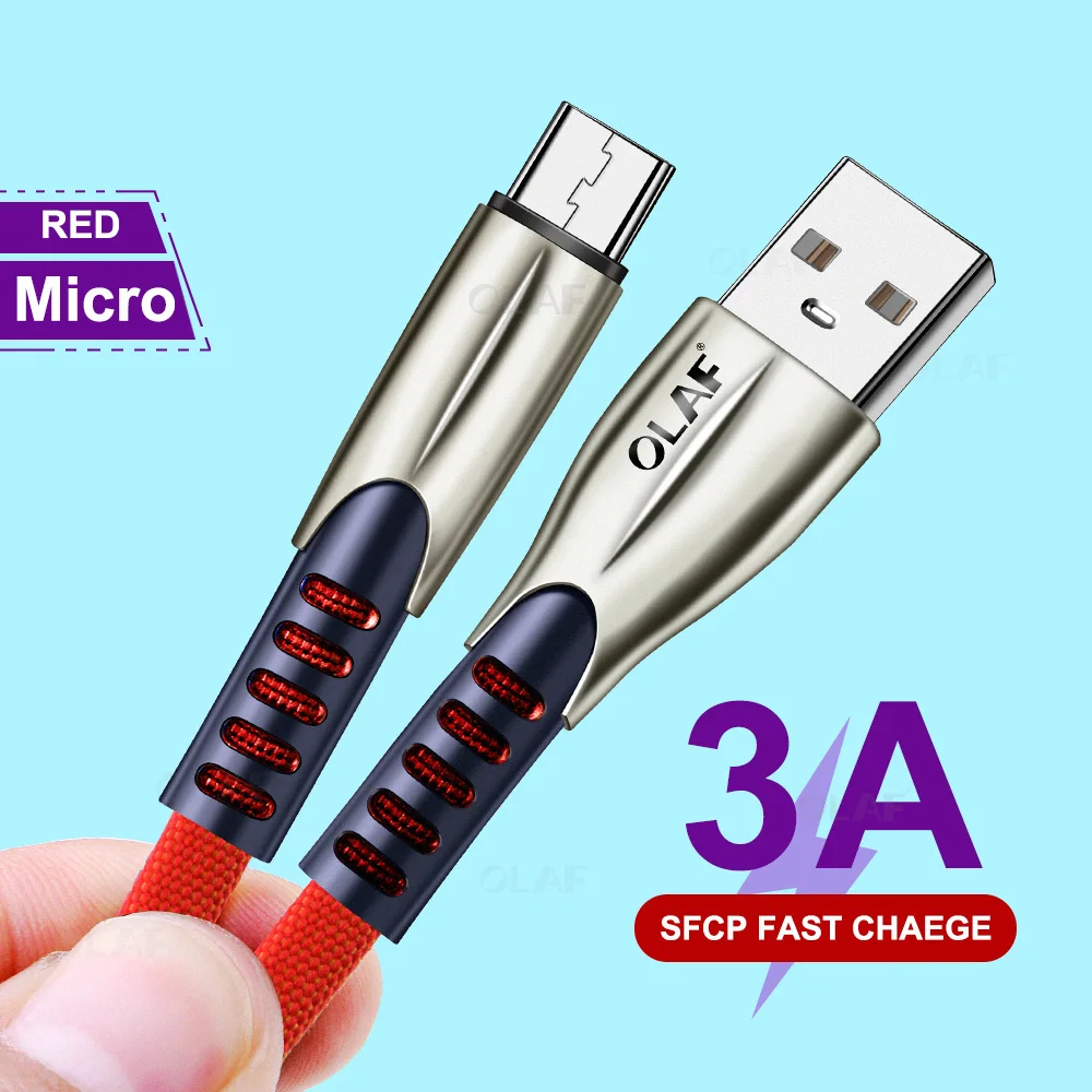 Олаф 1 м 2 м 3 м микро USB кабель 3A цинковый сплав Быстрая зарядка для Xiaomi Android Мобильный кабель передачи данных телефона для samsung микро зарядное устройство - Цвет: Red