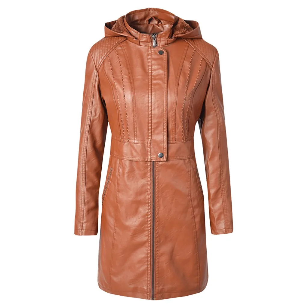 

Women's leather jacket куртка кожаная женская coat female пальто женское Casual Solid Lapel Zipper Long Sleeve long Coat #3