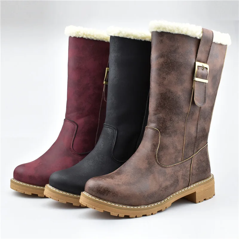 Odetina Women Round Toe Slip On Keep Warm Block Low Heel Mid Calf Boots Lady Buckle Strap Platform Thick Fur Winter Snow Boot