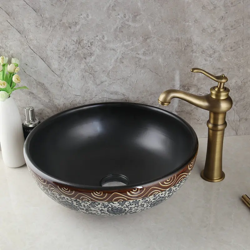 Basin Tap Set JIENI керамический кран для умывальника, набор трандиональных ванных керамических круглых раковин Bacia, античный латунный кран на бортике, смеситель - Цвет: Basin Tap Set