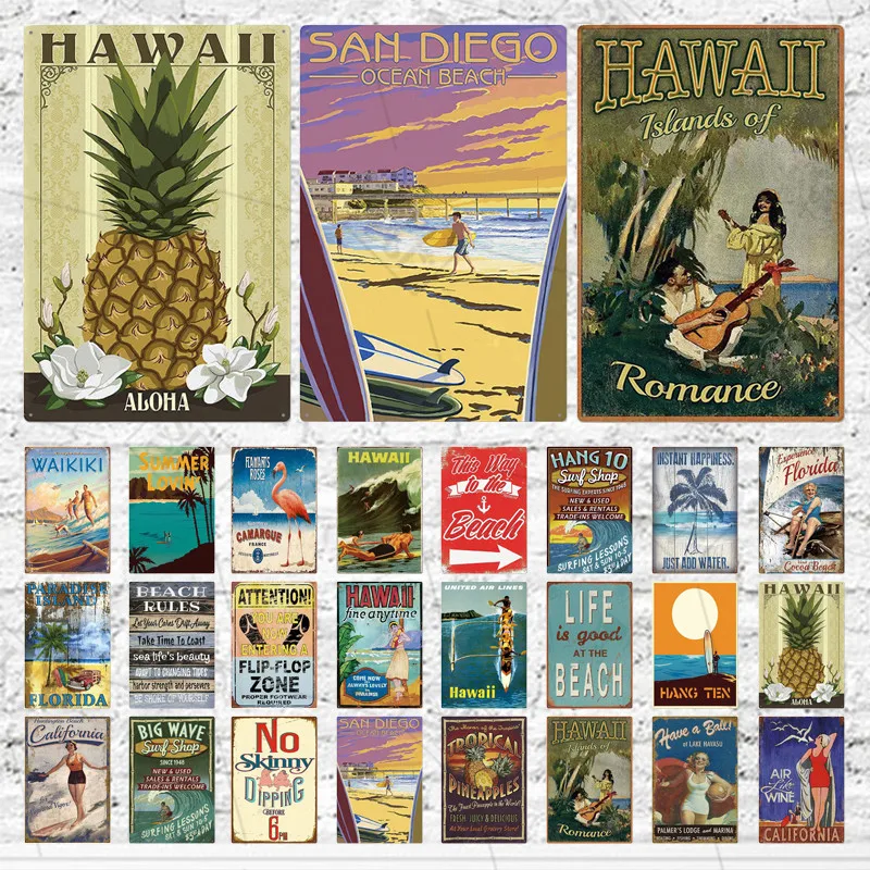 Hawaii Beach Vintage Metal Sign Rules Plaque Seaside Hotel Decoration Bar Club Wall Sticker Tin Plate Home | Дом и сад