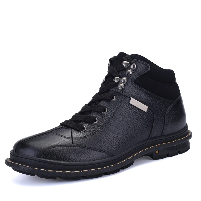 Casual Leather Boots Genuine Leather Men Shoes Fashion Male Shoes Winter Ankle Boots Male Boots Winter Men Shoe Plus Velvet - Цвет: black