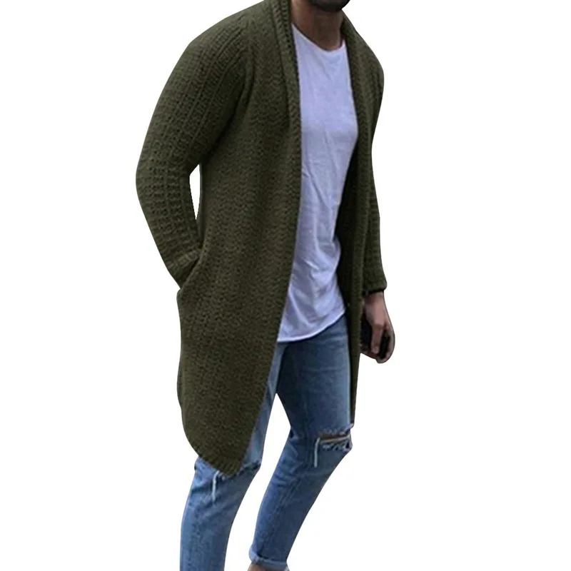 army green Повседневный Однотонный мужской кардиган, уличная одежда, тонкий вязаный свитер с длинным рукавом, осенний мужской приталенный свитер, пальто размера плюс 3XL - Цвет: army green