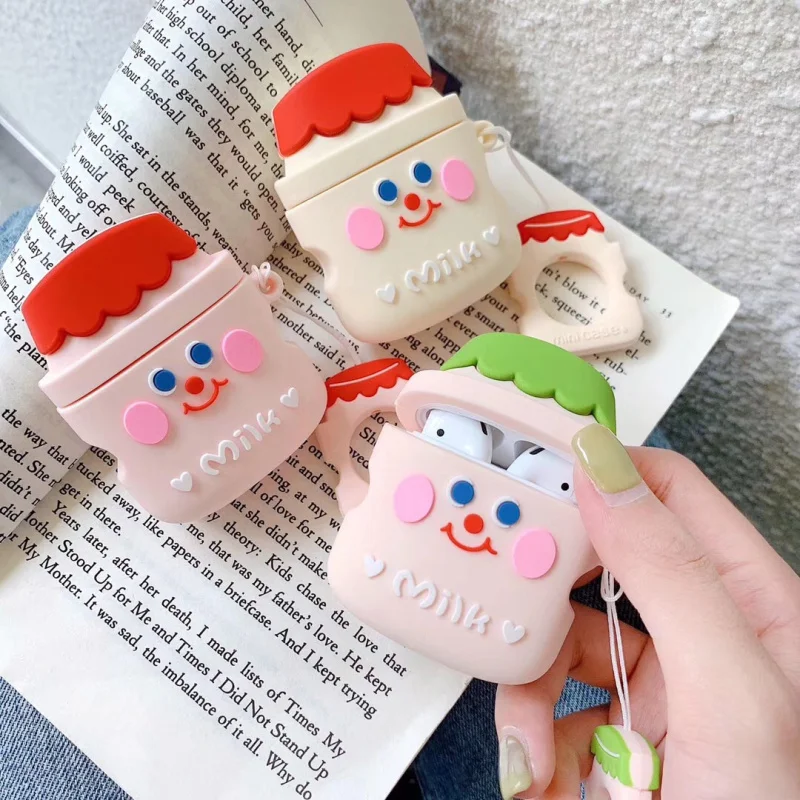 

3D Earphone Cases For AirPods Case Cute Cartoon Bottle Milk For Apple Airpods Protect Cover For Earpods Earbuds Case Ring Strap
