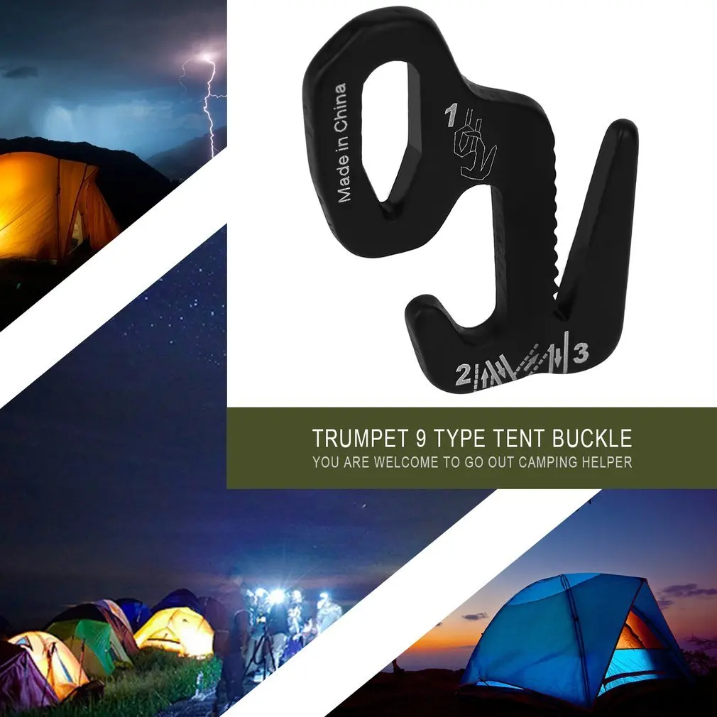 Black Aluminum 9 Shape Rope Tightener Tie Down Strap Tool Camping Tent Rope Buckle Tent Accessories