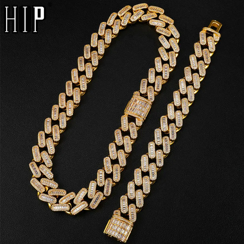 

Hip Hop 19MM Baguette Box Buckle Cuban Heavy Copper Prong Setting AAA+ Cubic Zirconia Stones Bracelet Necklace For Men Jewelry