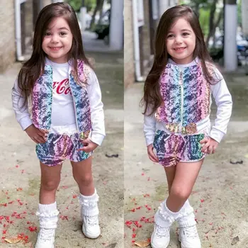 

Toddler Kids Baby Girl Clothes Spring Summer Zipper Tops Colorful Sequin Jacket Glitter Sequined Shorts 2Pcs Set Outfits 1-7T