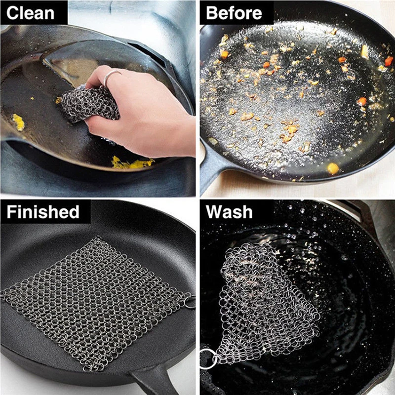  Cast Iron Scrubber with Long Handle  316 Cast Iron Cleaner  Chainmail Scrubber for Cast Iron Pan Skillet Cleaner - Dish Scouring Pad  Dishwasher Safe Cleaning Kit (Grey, 1 Scrubber +