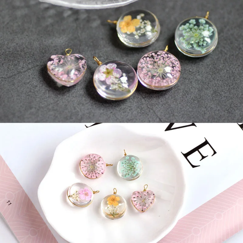 

5 Pcs Glass Cabochon Transparent Crystal Round Heart Dried Flower Charms Pendant For DIY Jewelry Earrings Making Accessories