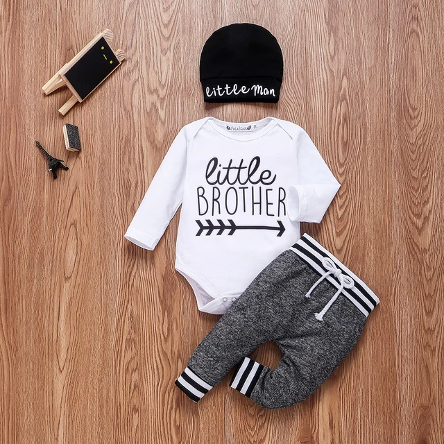 Newborn Infant Baby Boy Clothes Sets 3pcs Little Brother Long Sleeve Romper Pant Hats  5