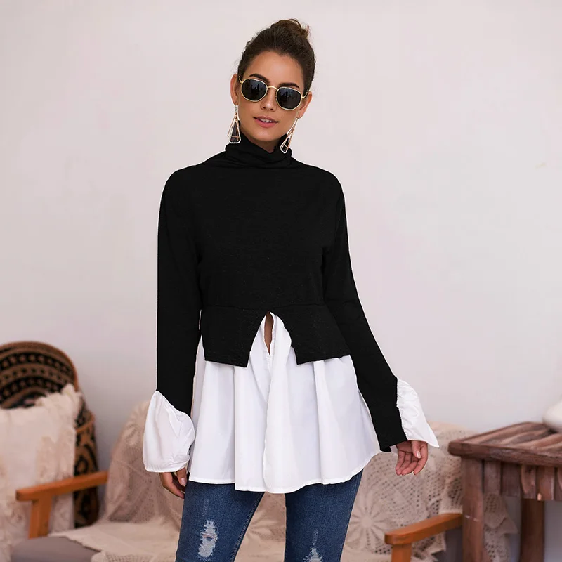

Women Long Sleeve Irregular Ruffled Turtleneck Stitching Color Shirt Blouse Tops Female Casual Long Shirts Clothes